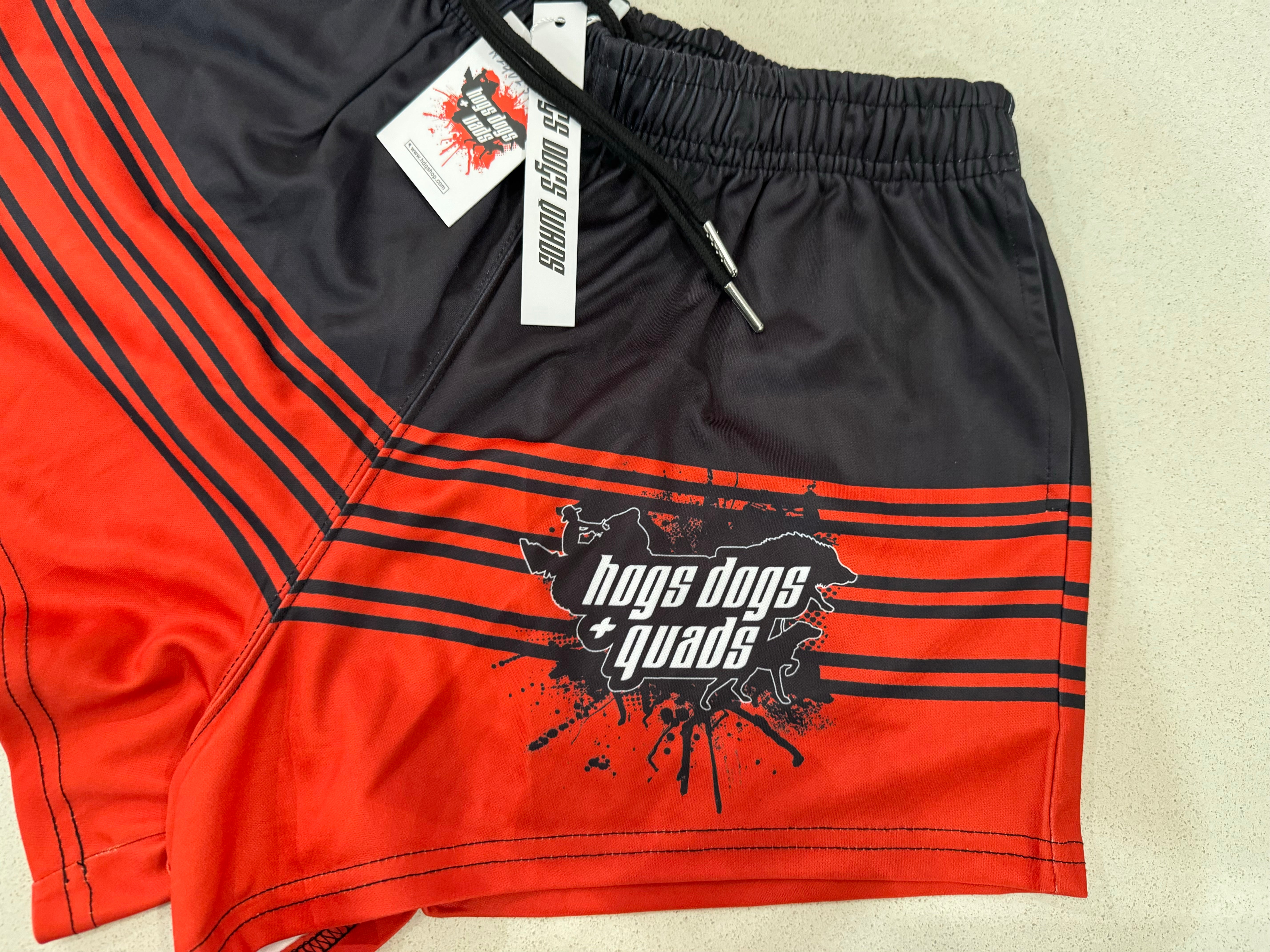 Footy Shorts - Black& Red Stripe - Hogs Dogs Quads Shop