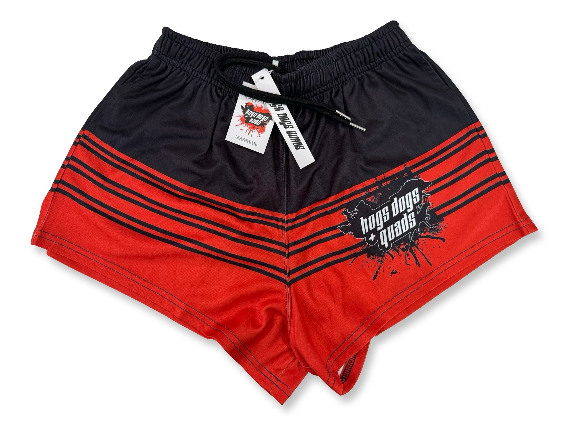 Footy Shorts - Black& Red Stripe - Hogs Dogs Quads Shop