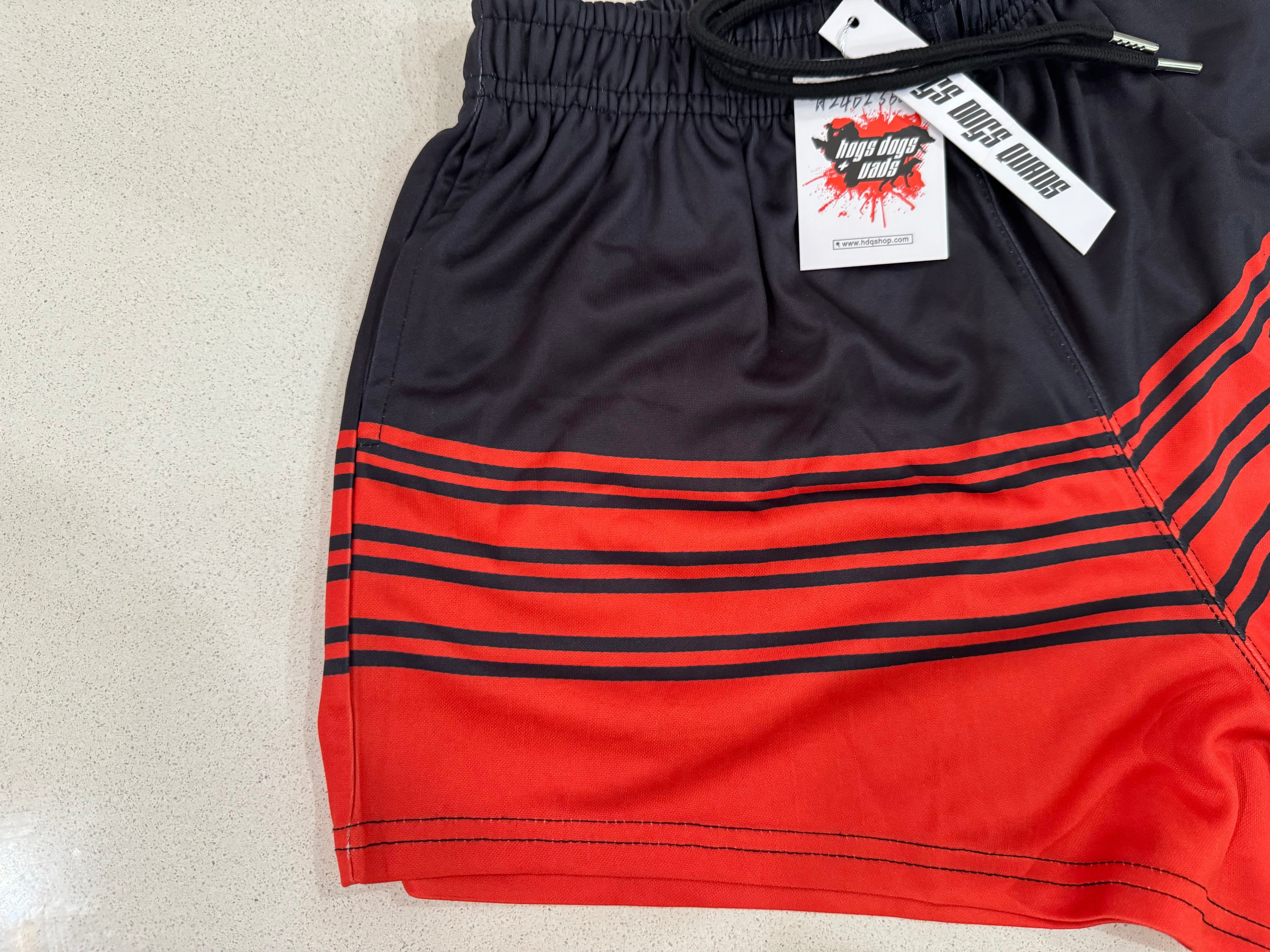 Footy Shorts - Black& Red Stripe - Hogs Dogs Quads Shop